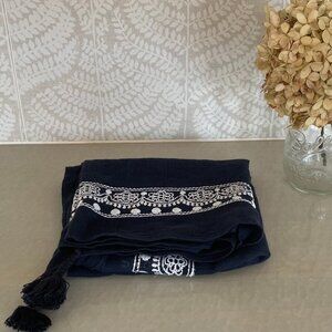 Hollister Cotton Navy, White Boho Floral Embroidered Scarf with Tassels, 30" Sq.